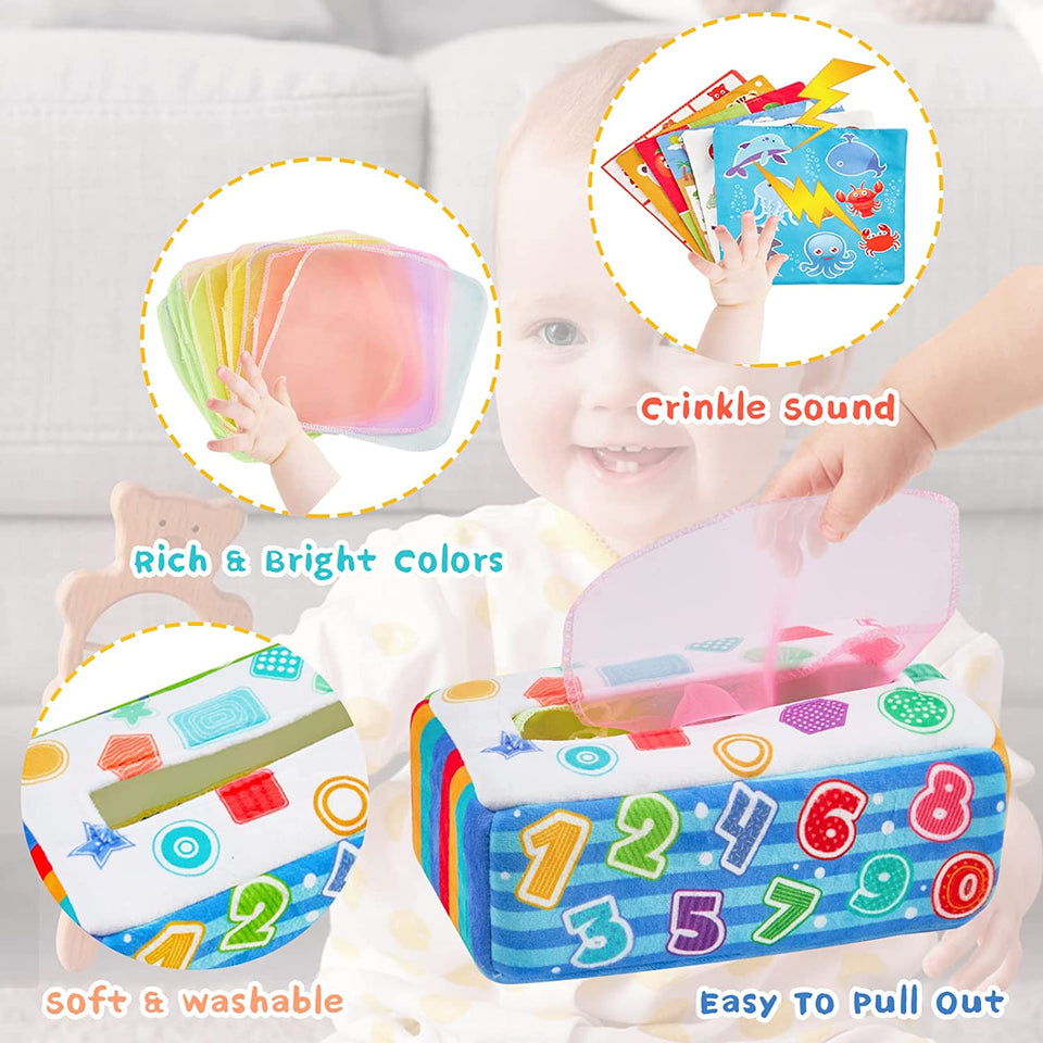 Baby Tissue Box Toys, Montessori Toy for Babies 6-12 Months Sensory Toys Magic Tissue Box with Crinkle Scarves Educational High Contrast Toys for Kids Toddlers Early Learning Gift