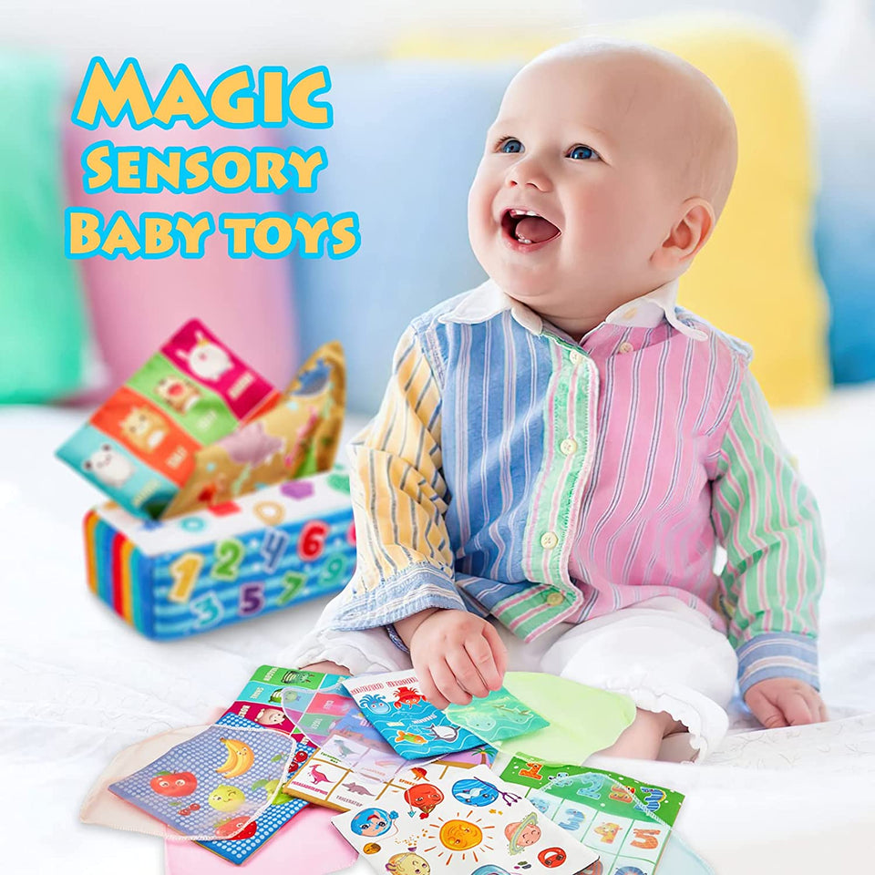 Baby Tissue Box Toys, Montessori Toy for Babies 6-12 Months Sensory Toys Magic Tissue Box with Crinkle Scarves Educational High Contrast Toys for Kids Toddlers Early Learning Gift