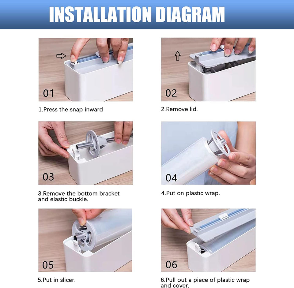 Plastic Wrap Dispenser with Slide Cutter, Reusable Cling Film Dispenser, Double Elastic Buckle Adjustable Length for Aluminum foil