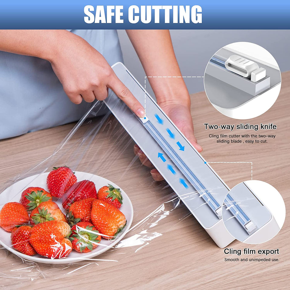 Plastic Wrap Dispenser with Slide Cutter, Reusable Cling Film Dispenser, Double Elastic Buckle Adjustable Length for Aluminum foil