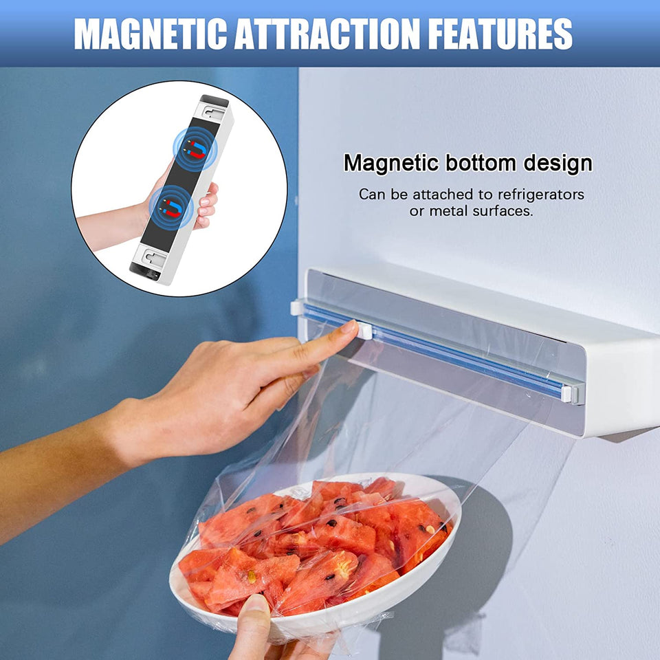 Plastic Wrap Dispenser with Slide Cutter, Reusable Cling Film Dispenser, Double Elastic Buckle Adjustable Length for Aluminum foil