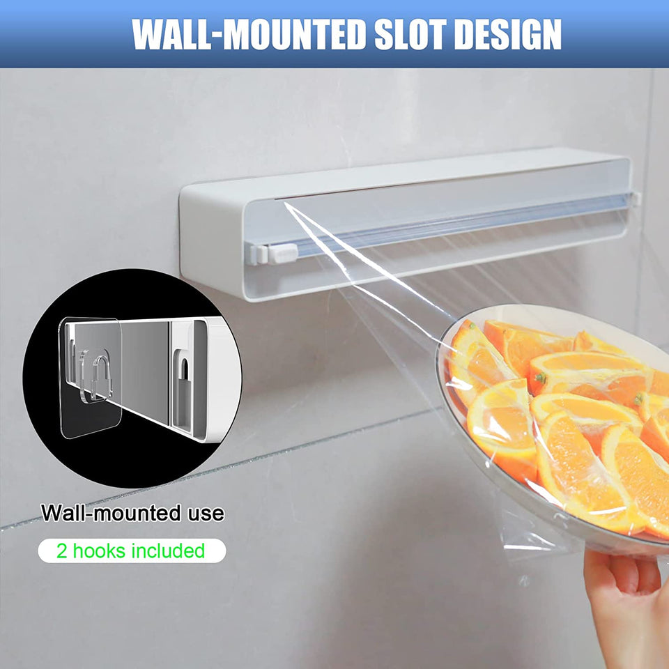 Plastic Wrap Dispenser with Slide Cutter, Reusable Cling Film Dispenser, Double Elastic Buckle Adjustable Length for Aluminum foil