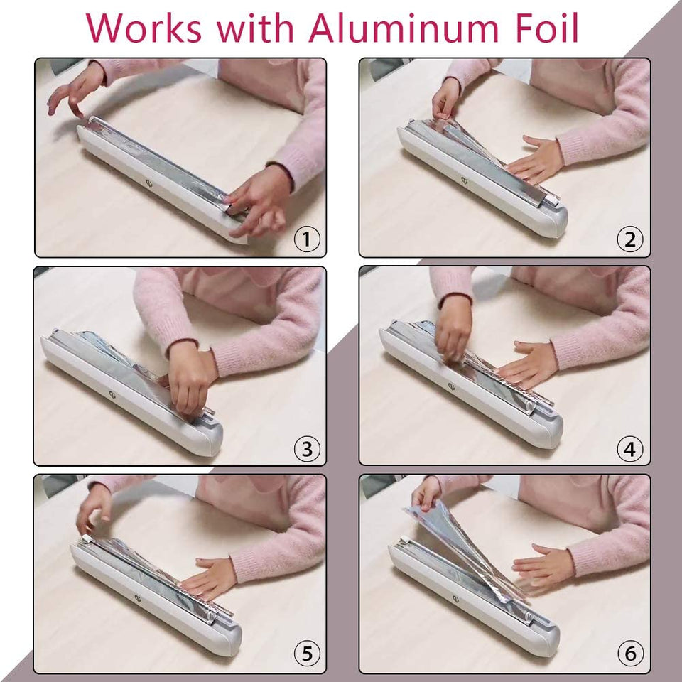 Plastic Wrap Dispenser with Slide Cutter, Reusable Cling Film Dispenser, Double Elastic Buckle Adjustable Length for Aluminum foil