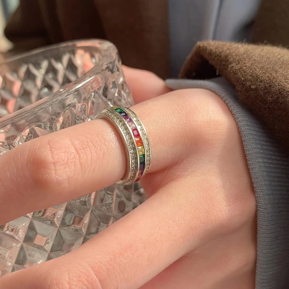 S925 silver rainbow zircon ring fashion personality