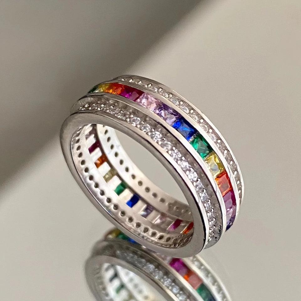 S925 silver rainbow zircon ring fashion personality