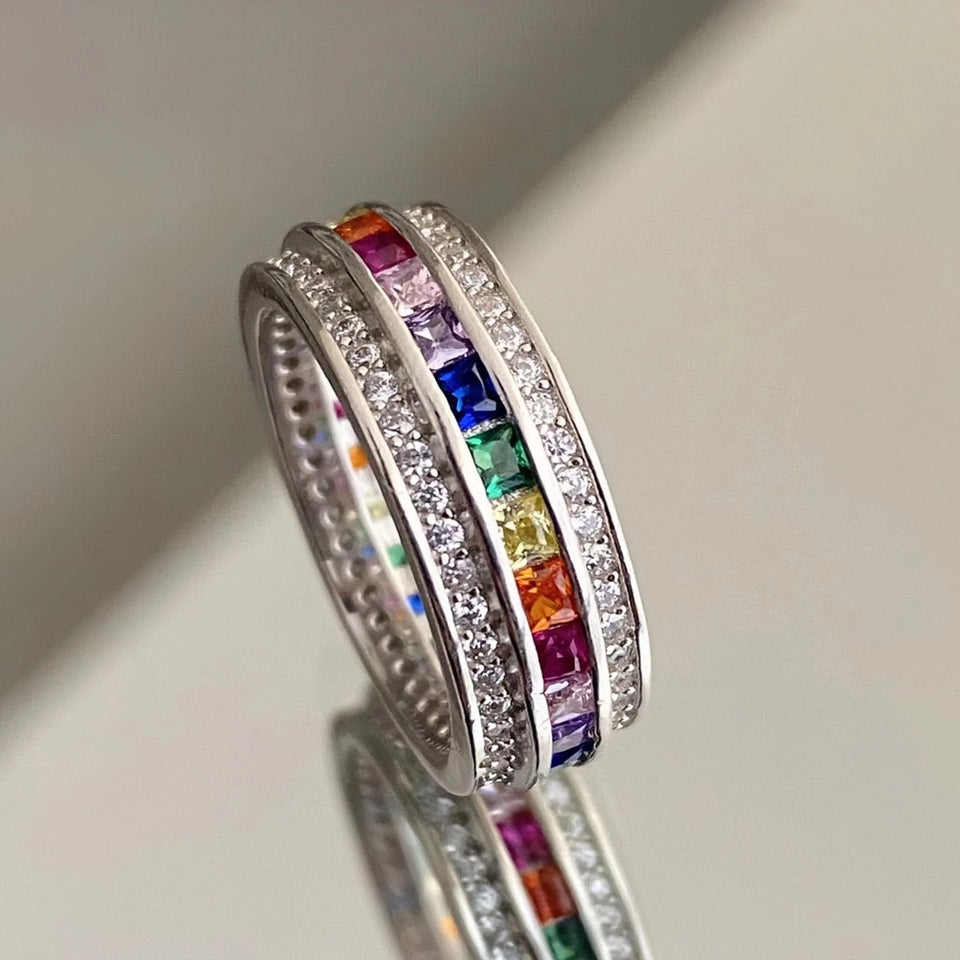 S925 silver rainbow zircon ring fashion personality