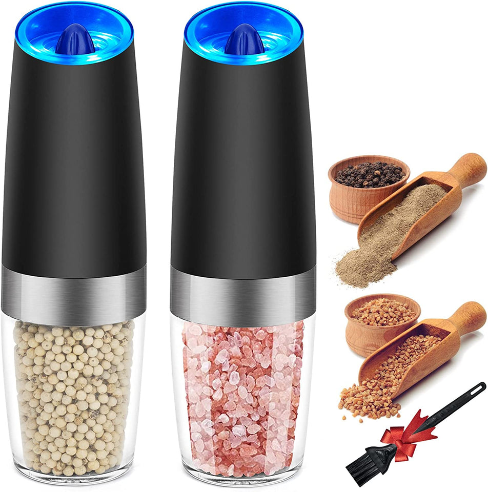 Gravity Electric Salt and Pepper Grinder Set, Battery Powered with LED Light, Adjustable Coarseness, One Hand Automatic Pepper Mill Grinder for Kitchen and BBQ, 2 Pack, Black