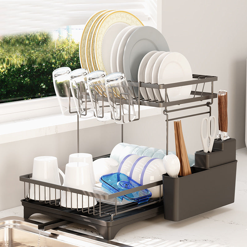 Large Dish Drying Rack with Drainboard, 2 Tier Stainless Steel Drying Racks for Kitchen Counter,Detachable Dish Drainer Organizer Shelf with Utensil Holder Set