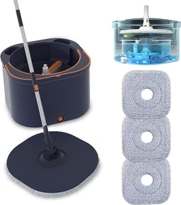 Flat Floor Mop and Bucket System Set with Wringer, Self Wringing Microfiber Spin Mops Bucket for Floor Cleaning, Separate Dirty Water, Wet and Dry Use, Mops for Hardwood, Laminate, Tile, Navy Blue