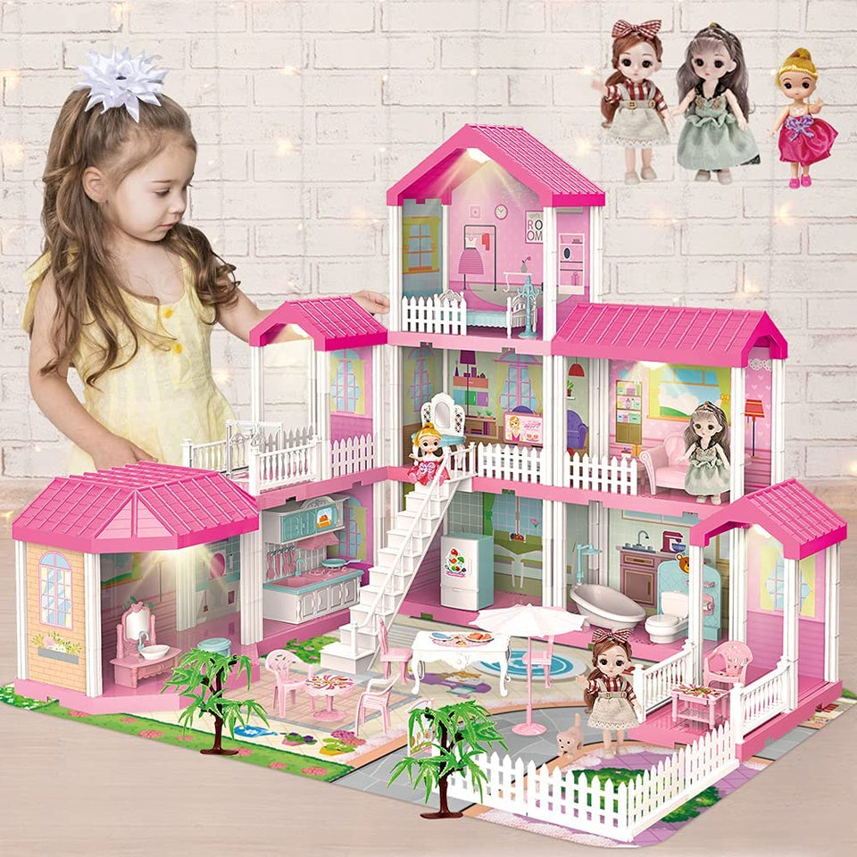 Dollhouse Dreamhouse Building Toy Set with 5 Lights,3 Dolls& 2 Pets Princess Doll House and Furniture,Accessories,Stairway,Best STEM Pretend Play Toys for Girls Toddlers