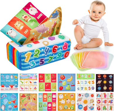 Baby Tissue Box Toys, Montessori Toy for Babies 6-12 Months Sensory Toys Magic Tissue Box with Crinkle Scarves Educational High Contrast Toys for Kids Toddlers Early Learning Gift