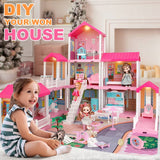 Dollhouse Dreamhouse Building Toy Set with 5 Lights,3 Dolls& 2 Pets Princess Doll House and Furniture,Accessories,Stairway,Best STEM Pretend Play Toys for Girls Toddlers
