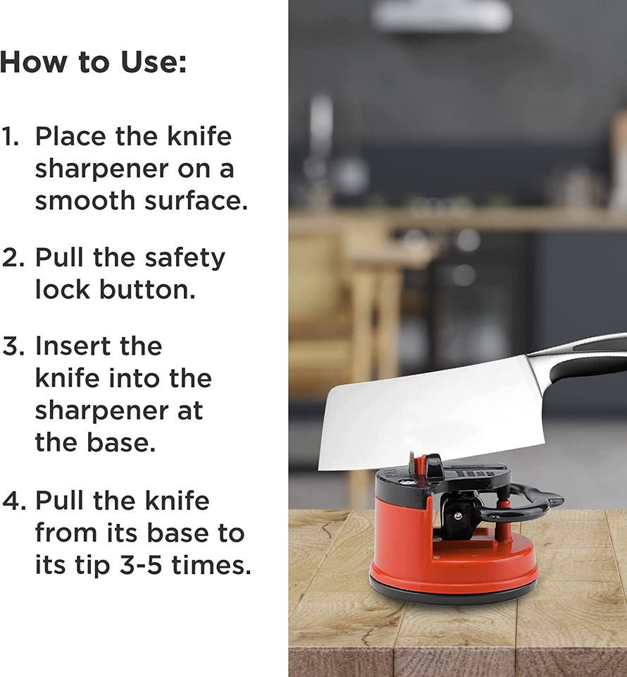 Diamond Edge Mini Knife Sharpener - Easy to Use Kitchen Sharpening Tool to Sharpen Kitchen Knives, Serrated, or Dull - Diamond Knife Sharpener with Powerful Suction Cup & Safety Lock