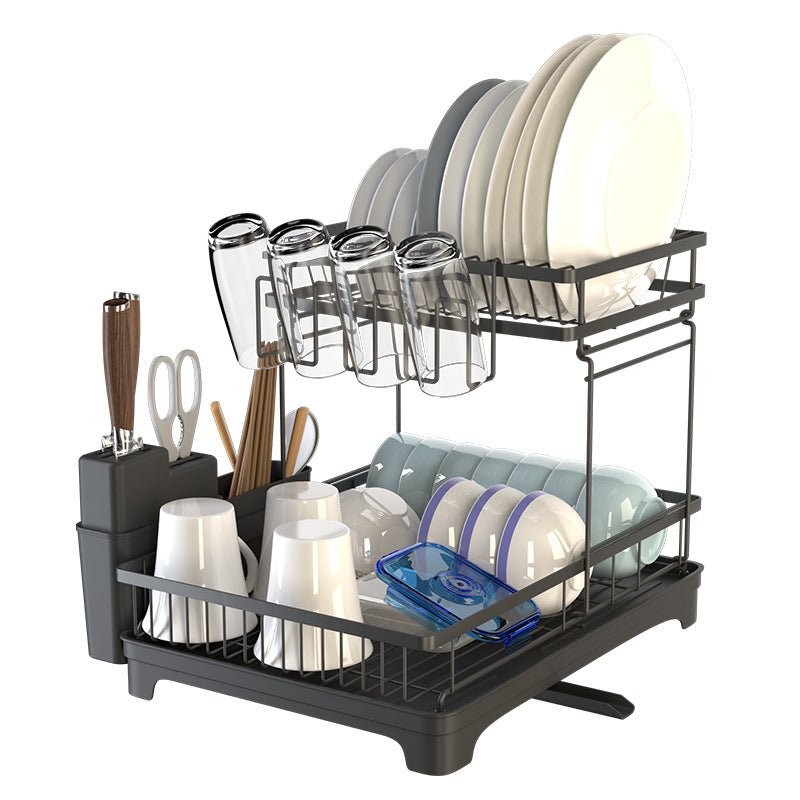 Large Dish Drying Rack with Drainboard, 2 Tier Stainless Steel Drying Racks for Kitchen Counter,Detachable Dish Drainer Organizer Shelf with Utensil Holder Set