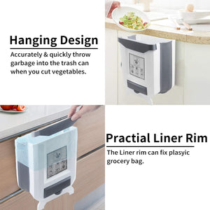 Hanging Kitchen Trash Can, Foldable Waste Bin for Kitchen, Collapsible Hang Small Plastic Garbage Can 2.4 Gallon for Cabinet/Car/Bedroom/Bathroom-Grey