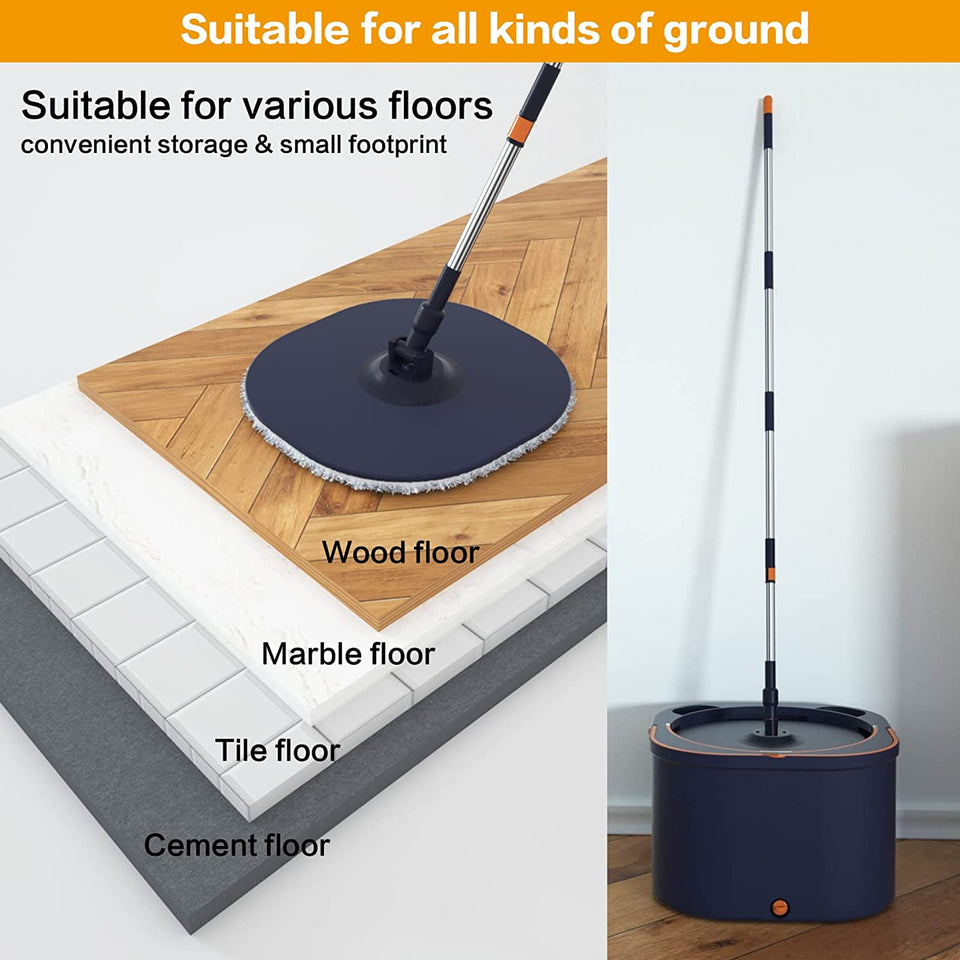 Flat Floor Mop and Bucket System Set with Wringer, Self Wringing Microfiber Spin Mops Bucket for Floor Cleaning, Separate Dirty Water, Wet and Dry Use, Mops for Hardwood, Laminate, Tile, Navy Blue