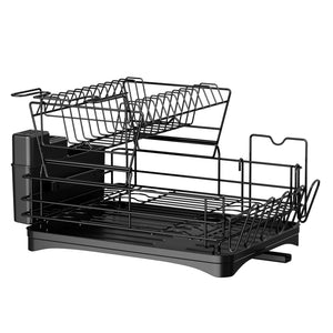 11 code Large Dish Drying Rack,2-Tier Dish Racks for Kitchen Counter,Detachable Large Capacity Dish Drainer Organizer with Utensil Holder, Dish Drying Rack with Drain Board,Black