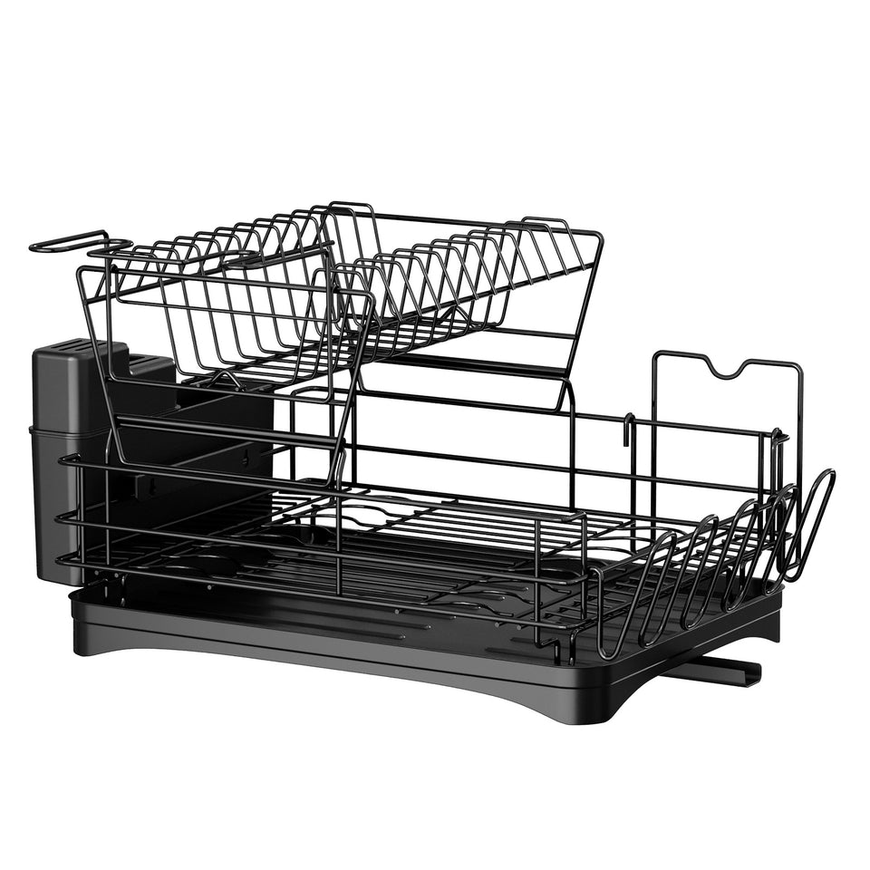 11 code Large Dish Drying Rack,2-Tier Dish Racks for Kitchen Counter,Detachable Large Capacity Dish Drainer Organizer with Utensil Holder, Dish Drying Rack with Drain Board,Black