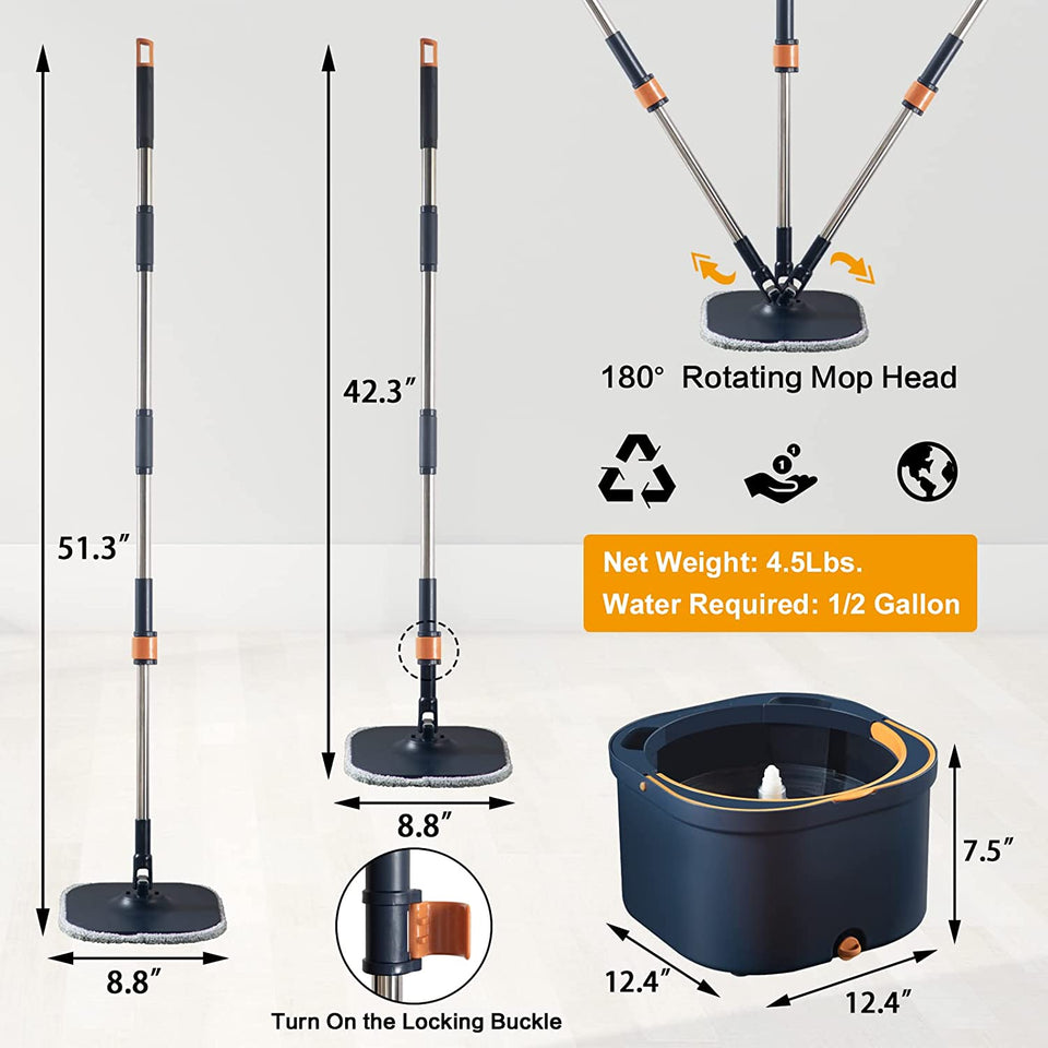 Flat Floor Mop and Bucket System Set with Wringer, Self Wringing Microfiber Spin Mops Bucket for Floor Cleaning, Separate Dirty Water, Wet and Dry Use, Mops for Hardwood, Laminate, Tile, Navy Blue