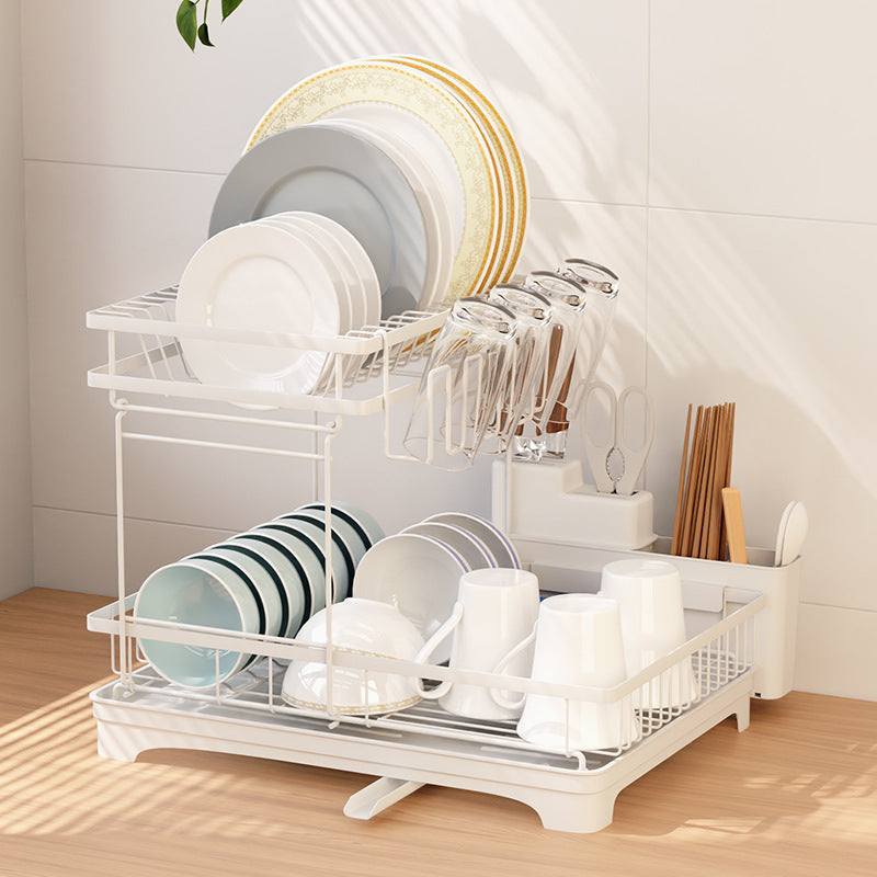 Large Dish Drying Rack with Drainboard, 2 Tier Stainless Steel Drying Racks for Kitchen Counter,Detachable Dish Drainer Organizer Shelf with Utensil Holder Set