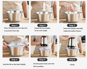 Food Processor , Electric Meat Chopper & Vegetable Grinder, Stainless Steel Bowl and Glass Bowl 4 Blades 2 Speed