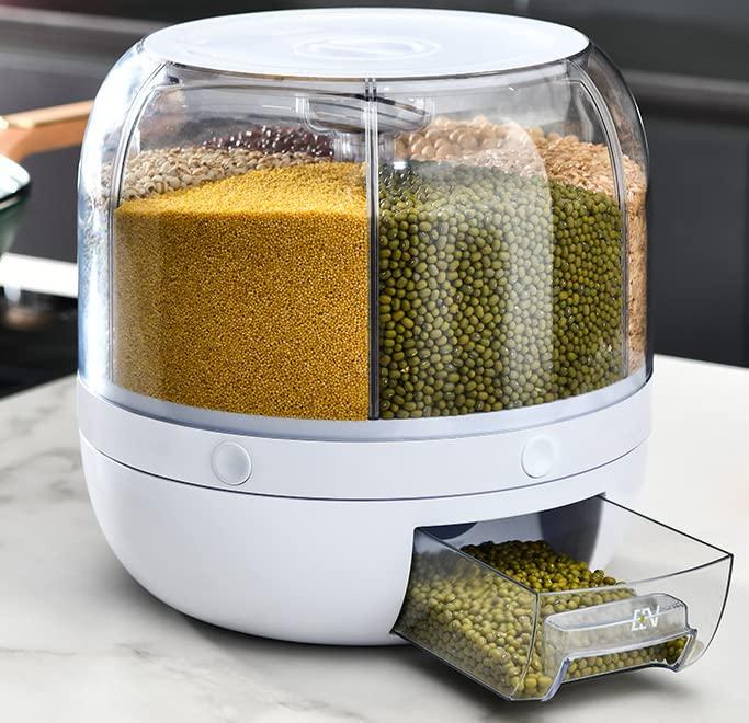 Rice Dispenser 22 Pounds, Bulk Dry Food Dispenser, Rice Beans Container - Rotating Moistureproof Grain Storage Dispenser for Rice - 6 Grids, 1 Measuring Cup Included