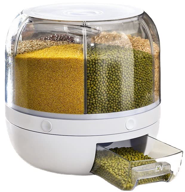 Rice Dispenser 22 Pounds, Bulk Dry Food Dispenser, Rice Beans Container - Rotating Moistureproof Grain Storage Dispenser for Rice - 6 Grids, 1 Measuring Cup Included