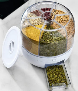 Rice Dispenser 22 Pounds, Bulk Dry Food Dispenser, Rice Beans Container - Rotating Moistureproof Grain Storage Dispenser for Rice - 6 Grids, 1 Measuring Cup Included