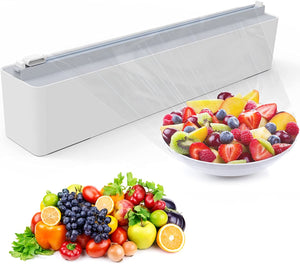 Plastic Wrap Dispenser with Slide Cutter, Reusable Cling Film Dispenser, Double Elastic Buckle Adjustable Length for Aluminum foil