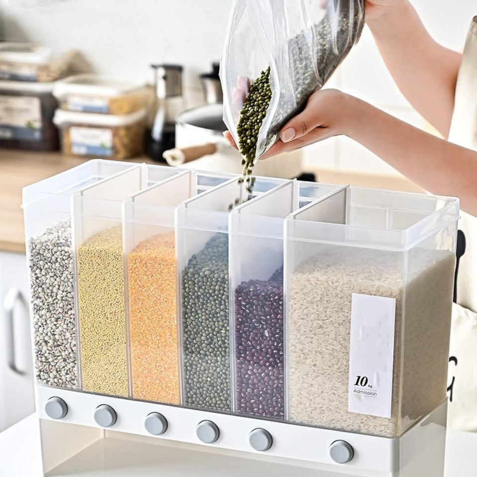 Rice Dispenser Food Dispenser 26LB Rice Bucket, 6-Grid Rice Storage Dry Food Dispenser Grain Storage Dried Fruit Food Storage Box