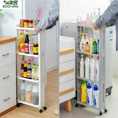 Kitchen 3/4Layers Door Clip Trolley with Wheel Plastic Shelving Place Type Toilet Clamp Landing Rack Household Gap Storage Rack