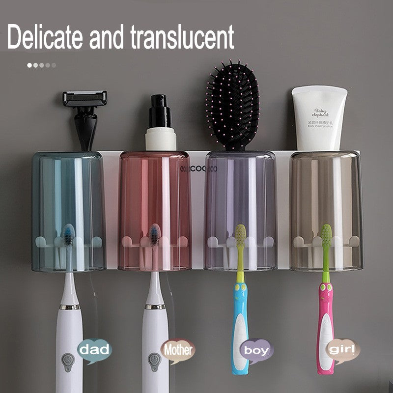 Wall-mounted toothbrush holder bathroom punch-free toothpaste toothbrush storage rack transparent mouthwash cup brushing cup set