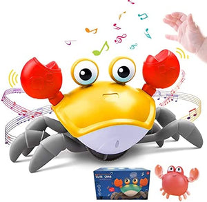 Crawling Crab Baby Toy with Music and Light, Tummy Time Walking Crab with Sensor Obstacle Avoidance, USB Rechargeable, Fun Moving Interactive Toy for Babies, Toddlers and Kids