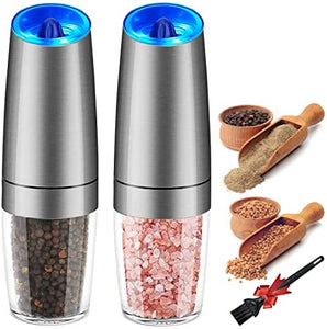 Gravity Electric Salt and Pepper Grinder Set, Battery Powered with LED Light, Adjustable Coarseness, One Hand Automatic Pepper Mill Grinder for Kitchen and BBQ, 2 Pack, Black