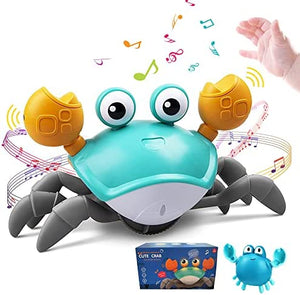 Crawling Crab Baby Toy with Music and Light, Tummy Time Walking Crab with Sensor Obstacle Avoidance, USB Rechargeable, Fun Moving Interactive Toy for Babies, Toddlers and Kids